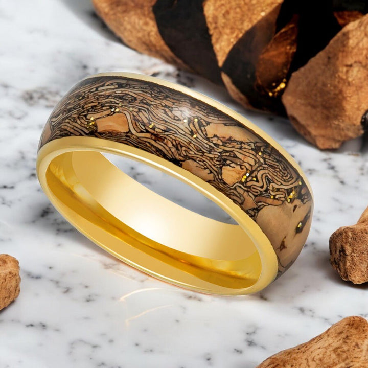 Unique Gold Tungsten Wedding Band with Cork Inlay by Aydins Jewelry