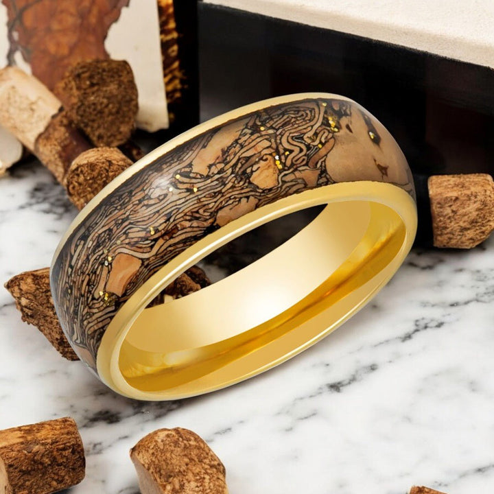 CORKSHINE Gold Tungsten Ring - Side Angle Highlighting Cork and Gold Glitter Inlay