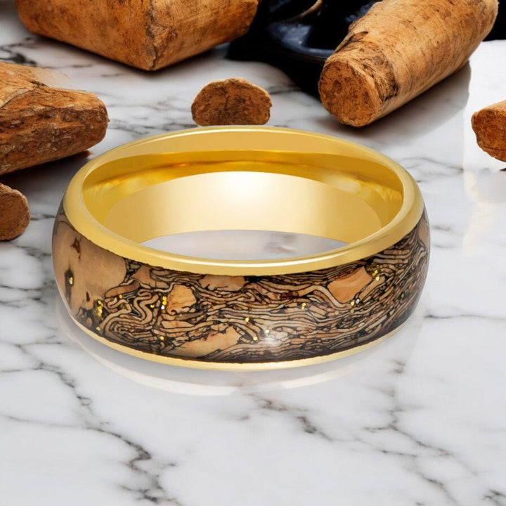 Nature-Inspired Gold Tungsten Ring with Cork and Glitter Inlay - Aydins Jewelry