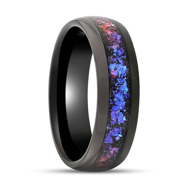 COSMIC | Black Tungsten Ring, Crushed Alexandrite, Goldstone Inlay, Domed - Rings - Aydins Jewelry - 1