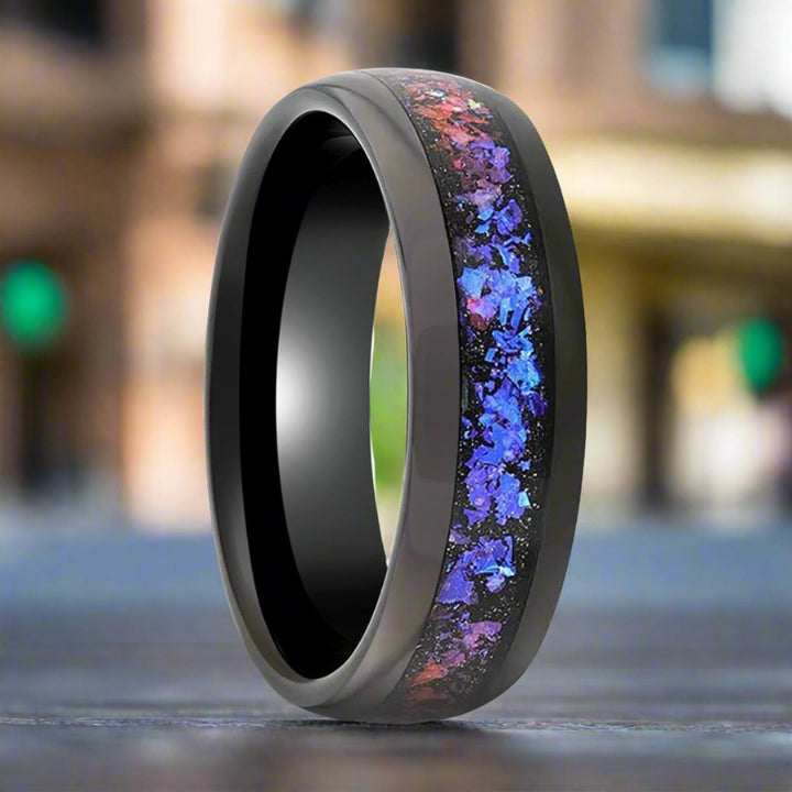 COSMIC | Black Tungsten Ring, Crushed Alexandrite, Goldstone Inlay, Domed - Rings - Aydins Jewelry - 5