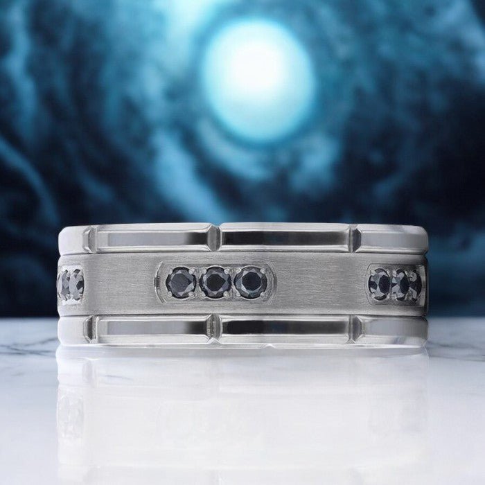 8mm brushed silver titanium ring with bold black diamond settings and comfort-fit interior.