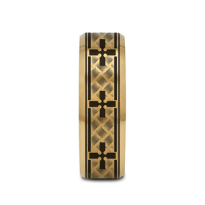 CREDO gold tungsten wedding band with woven cross pattern and beveled edges – front view