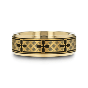 CREDO gold tungsten ring flat profile showing comfort fit interior and beveled edge detail