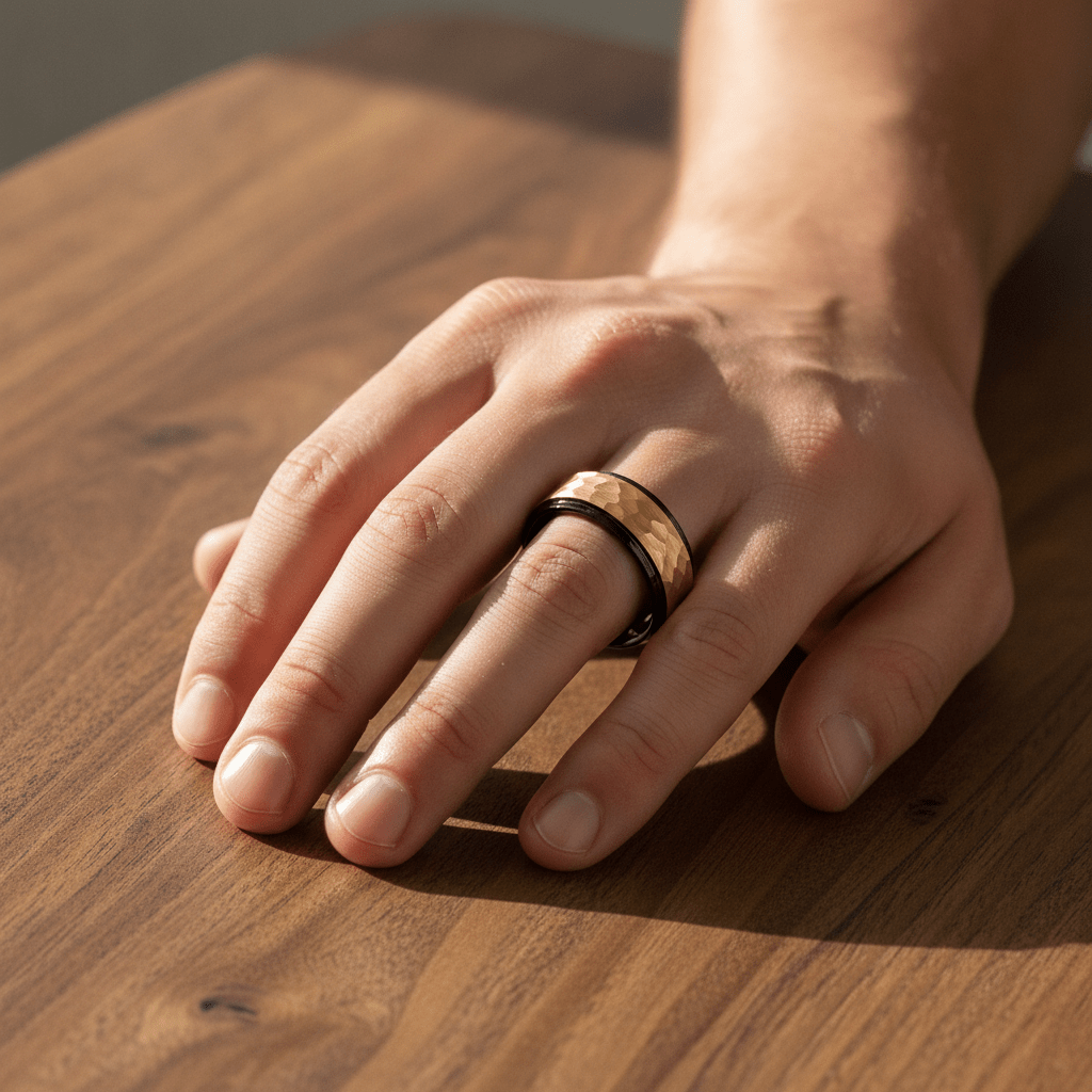 CREED black tungsten wedding band with raised hammered gold-plated finish worn on man's hand resting on walnut table, lifestyle photo