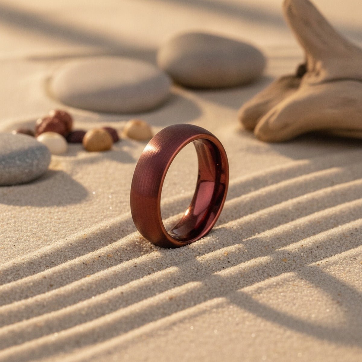 Aydins CRIMSEN | Red Tungsten Domed Ring lifestyle scene, beach zen