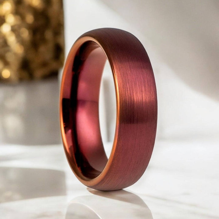 CRIMSEN red wine tungsten ring with brushed domed design - Aydins Jewelry.