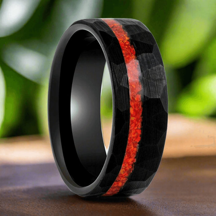 CRIMSONITE | Black Tungsten Ring, Hammered, Orange Opal Inlay, Flat - Rings - Aydins Jewelry - 3