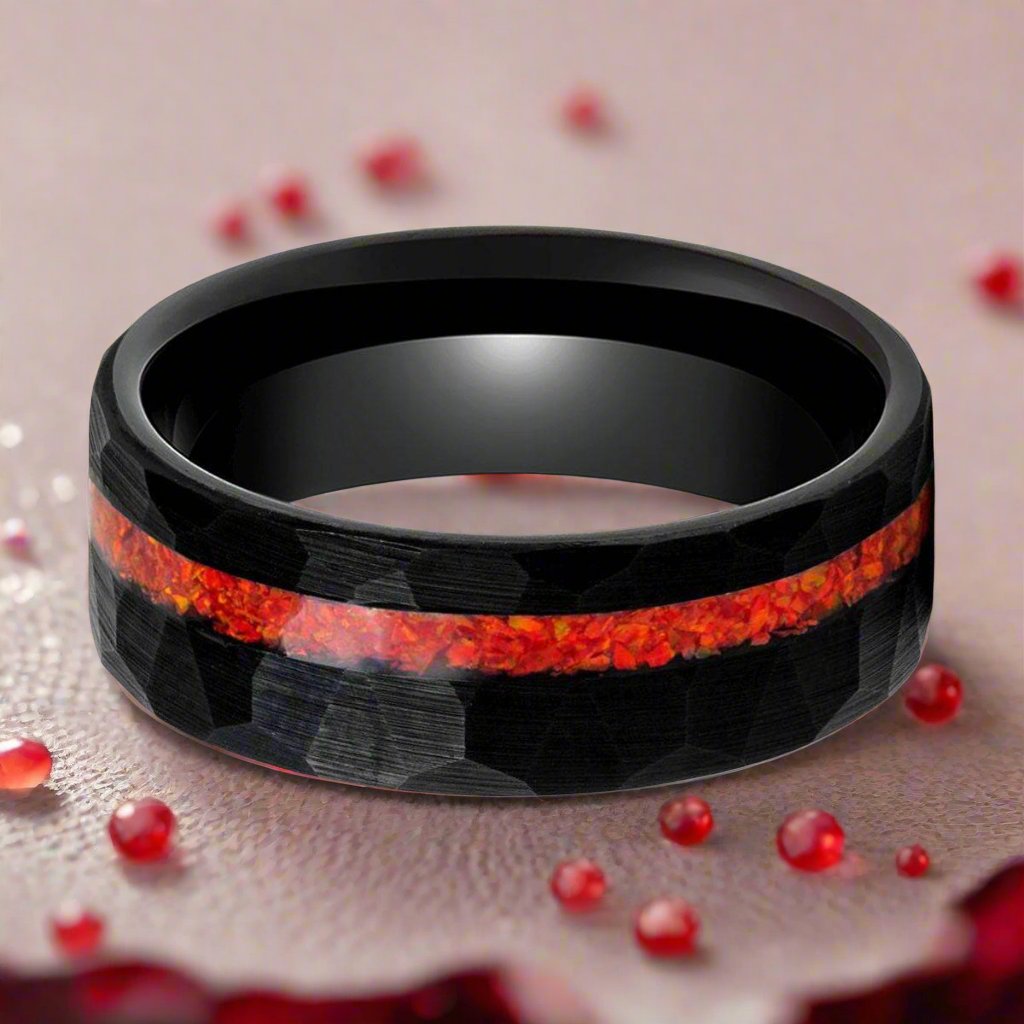 CRIMSONITE | Black Tungsten Ring, Hammered, Orange Opal Inlay, Flat - Rings - Aydins Jewelry - 1