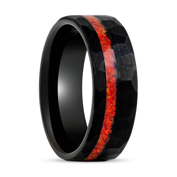 CRIMSONITE | Black Tungsten Ring, Hammered, Orange Opal Inlay, Flat - Rings - Aydins Jewelry - 1