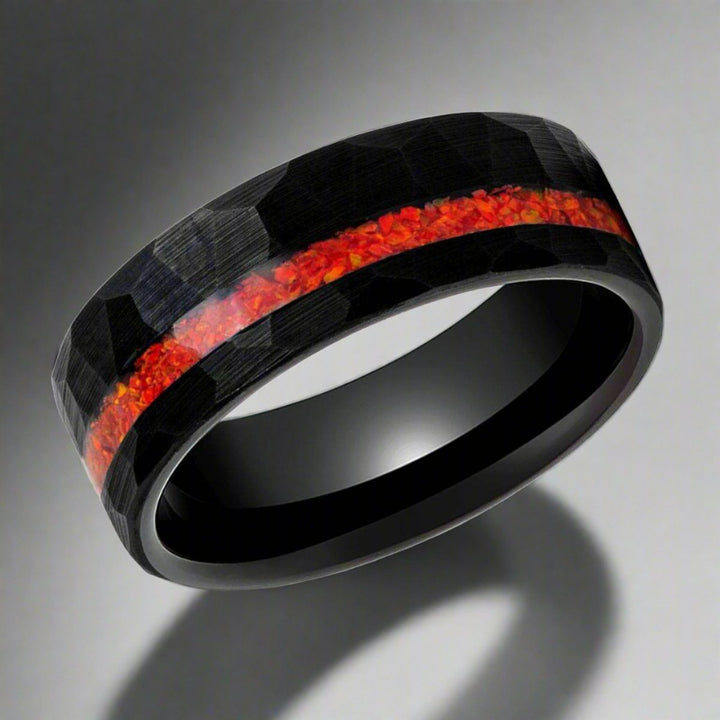 CRIMSONITE | Black Tungsten Ring, Hammered, Orange Opal Inlay, Flat - Rings - Aydins Jewelry - 4