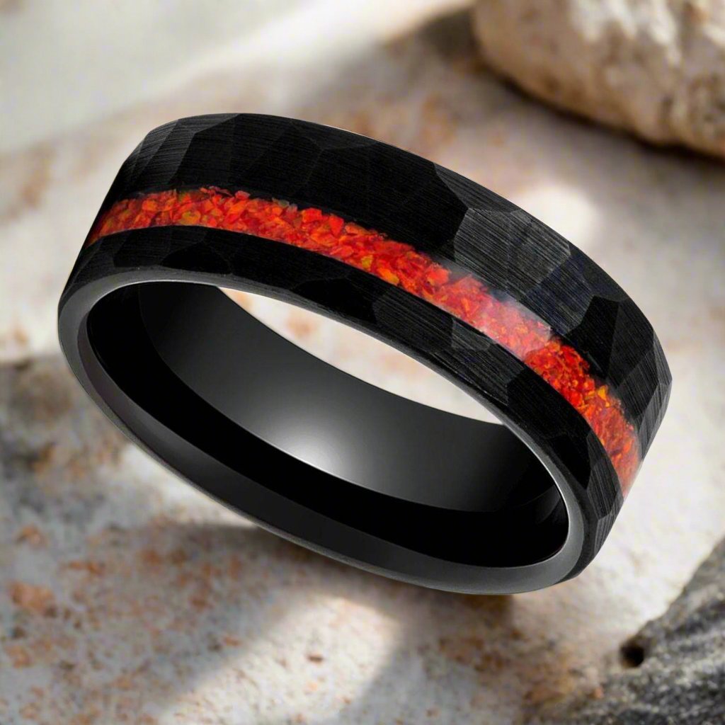 CRIMSONITE | Black Tungsten Ring, Hammered, Orange Opal Inlay, Flat - Rings - Aydins Jewelry - 2