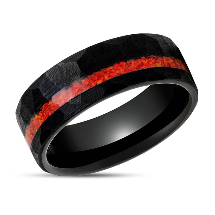 CRIMSONITE | Black Tungsten Ring, Hammered, Orange Opal Inlay, Flat - Rings - Aydins Jewelry - 2