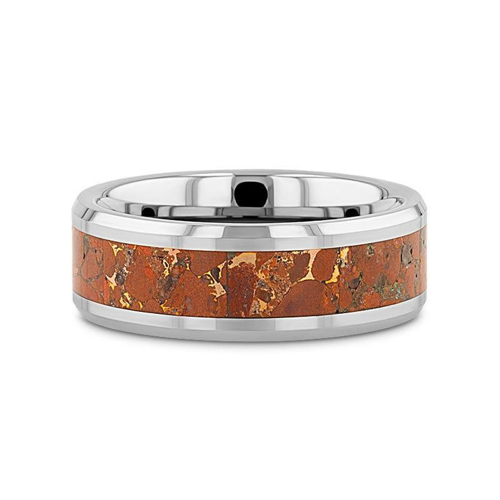 CROWN | Tungsten Ring, Orange Copper Conglomerate Inlay, Beveled Edges - Rings - Aydins Jewelry - 4