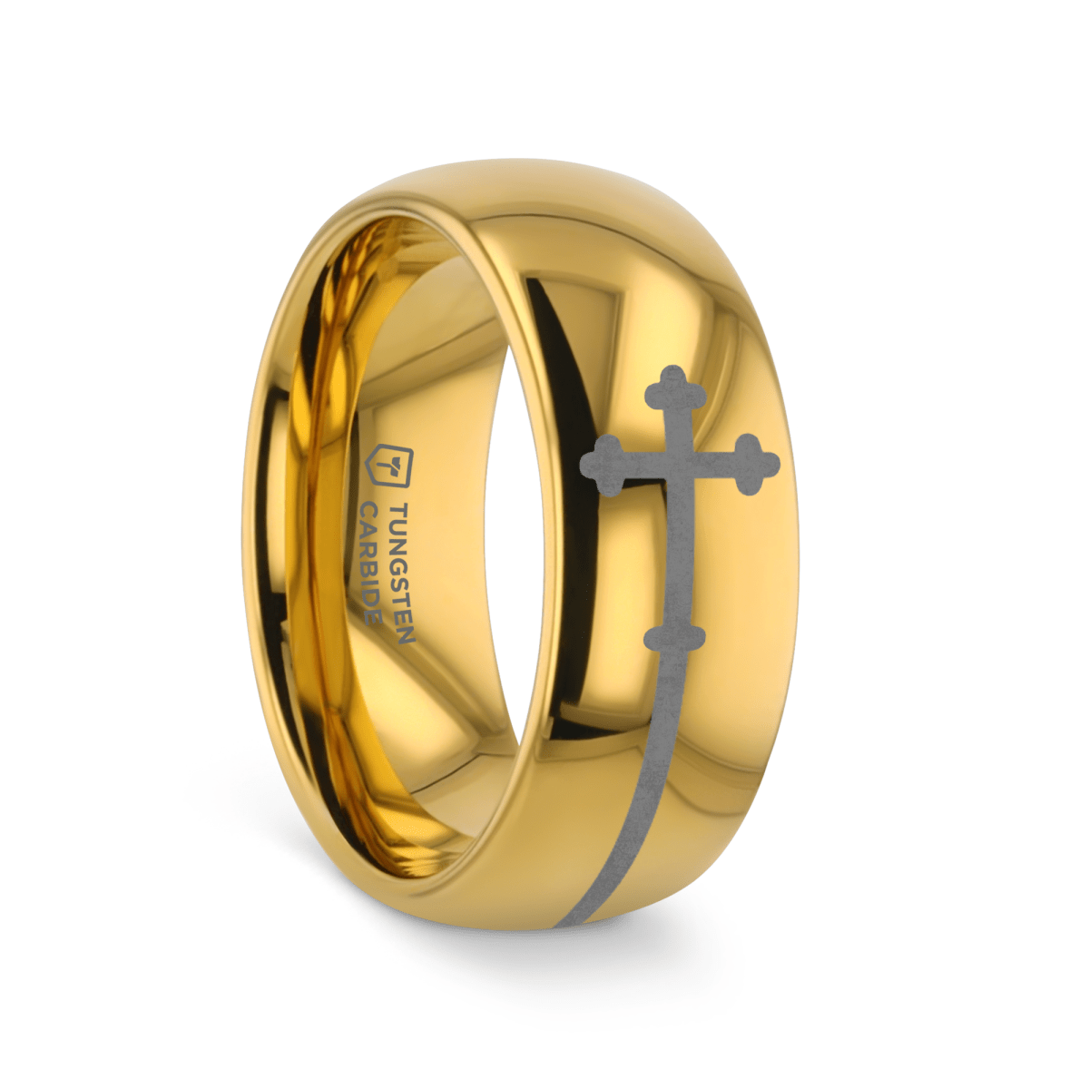 CRUX gold tungsten ring with sideways cross laser-engraved at the center – Aydins Jewelry