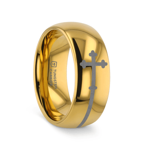 CRUX gold tungsten ring with sideways cross laser-engraved at the center – Aydins Jewelry