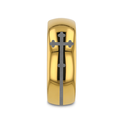 CRUX gold tungsten ring with sideways cross laser-engraved at the center – Aydins Jewelry