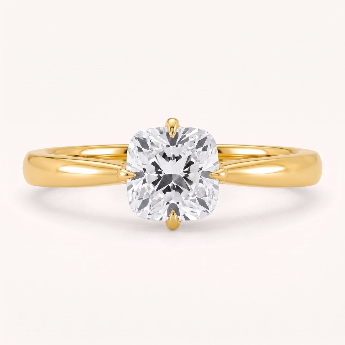 Cushion lab-grown diamond solitaire engagement ring, Yellow Gold, face-on detail macro