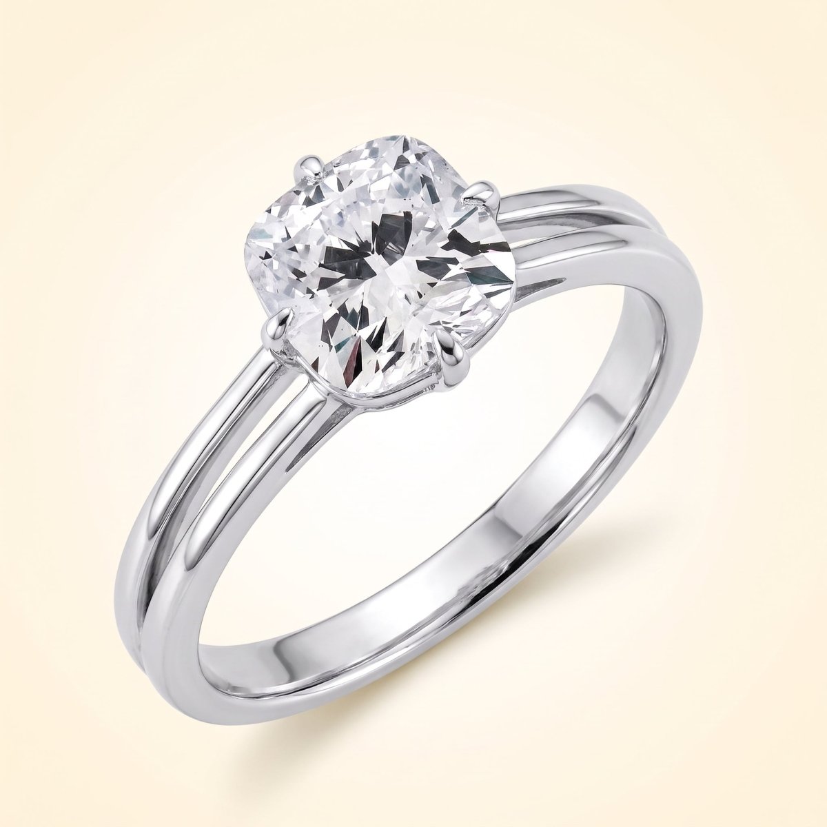 Cushion lab-grown diamond solitaire engagement ring, 925 Sterling Silver, studio hero