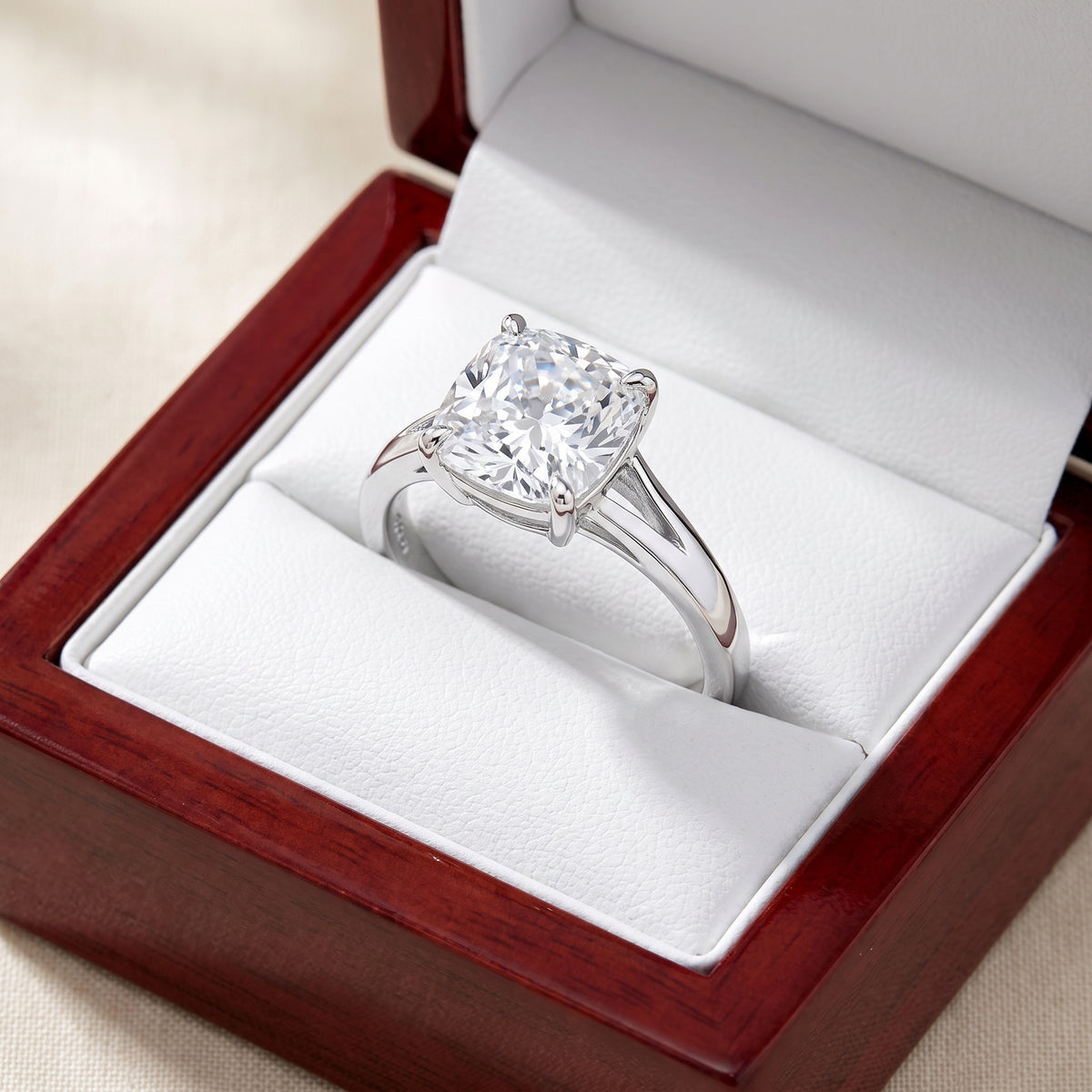 Cushion lab-grown diamond solitaire engagement ring, 925 Sterling Silver, in cherry-wood ring box
