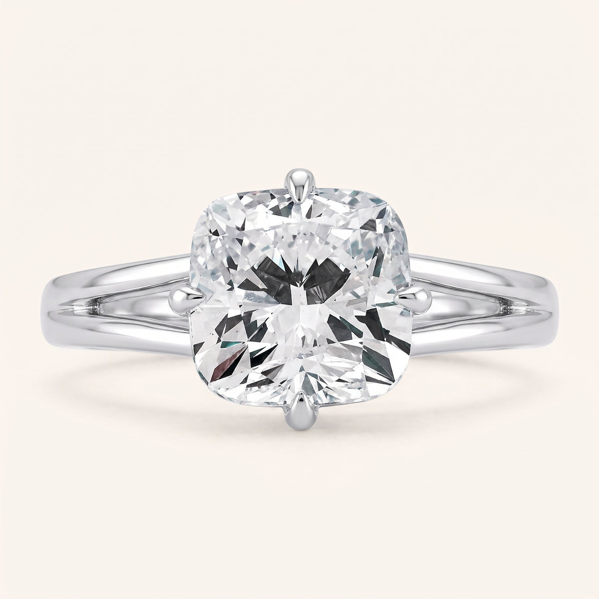 Cushion lab-grown diamond solitaire engagement ring, 925 Sterling Silver, face-on detail macro