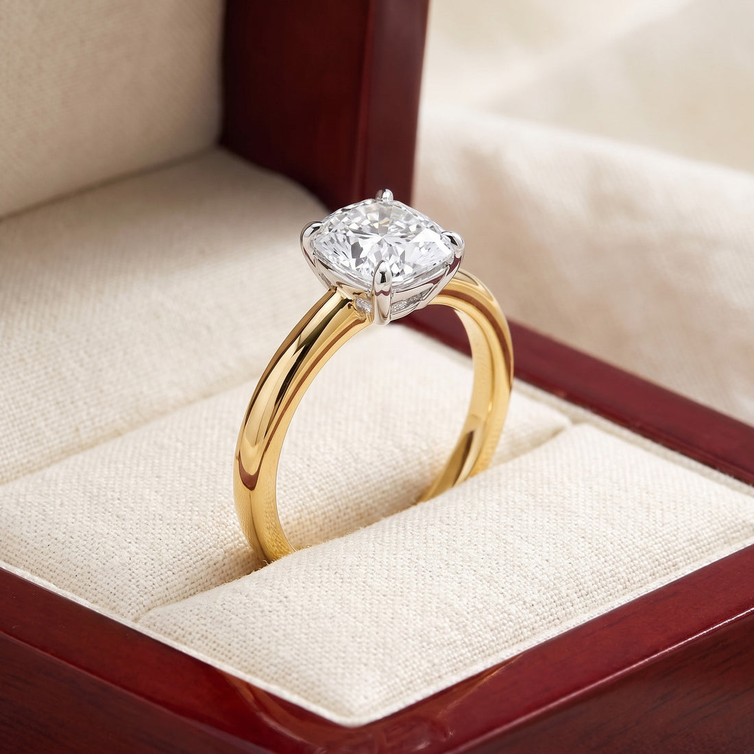 SYLVIE cushion lab-grown diamond ring in 14K two-tone gold, in cherry-wood box, approx. 1 ct center