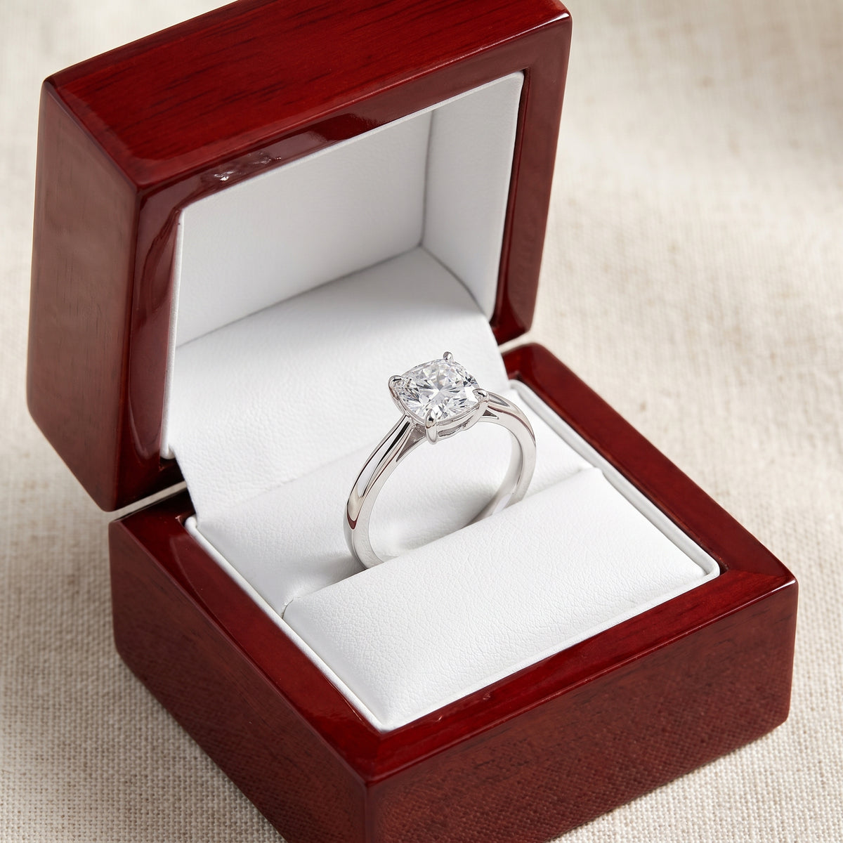 Cushion lab-grown diamond solitaire engagement ring, White Gold, in cherry-wood ring box