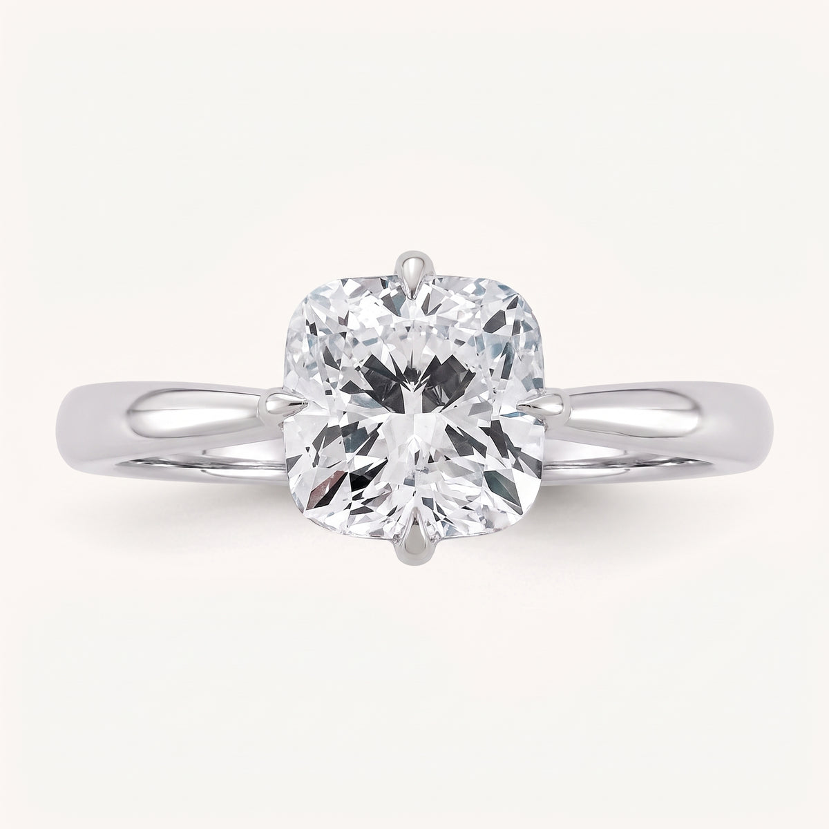 Cushion lab-grown diamond solitaire engagement ring, White Gold, face-on detail macro