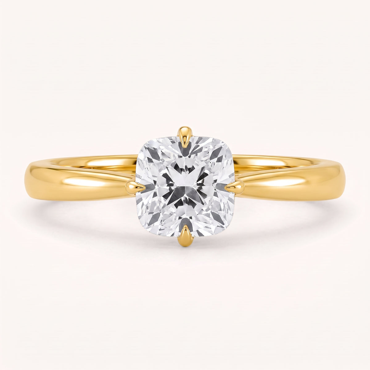 Cushion lab-grown diamond solitaire engagement ring, Yellow Gold, face-on detail macro