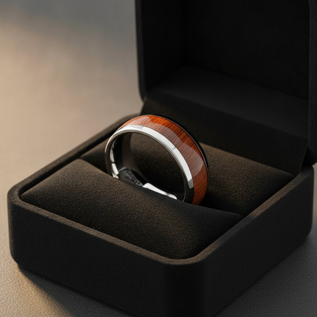 DALBERG silver tungsten carbide domed wedding band with rosewood inlay running around the band and polished finish nested in a black velvet ring box, editorial jewelry shot