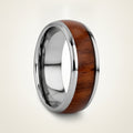 DALBERG silver tungsten carbide domed wedding band with rosewood inlay running around the band and polished finish, studio hero shot