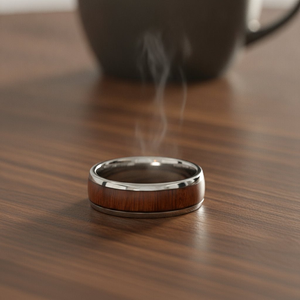 DALBERG silver tungsten carbide domed wedding band with rosewood inlay running around the band and polished finish resting on a walnut wood counter, lifestyle scene