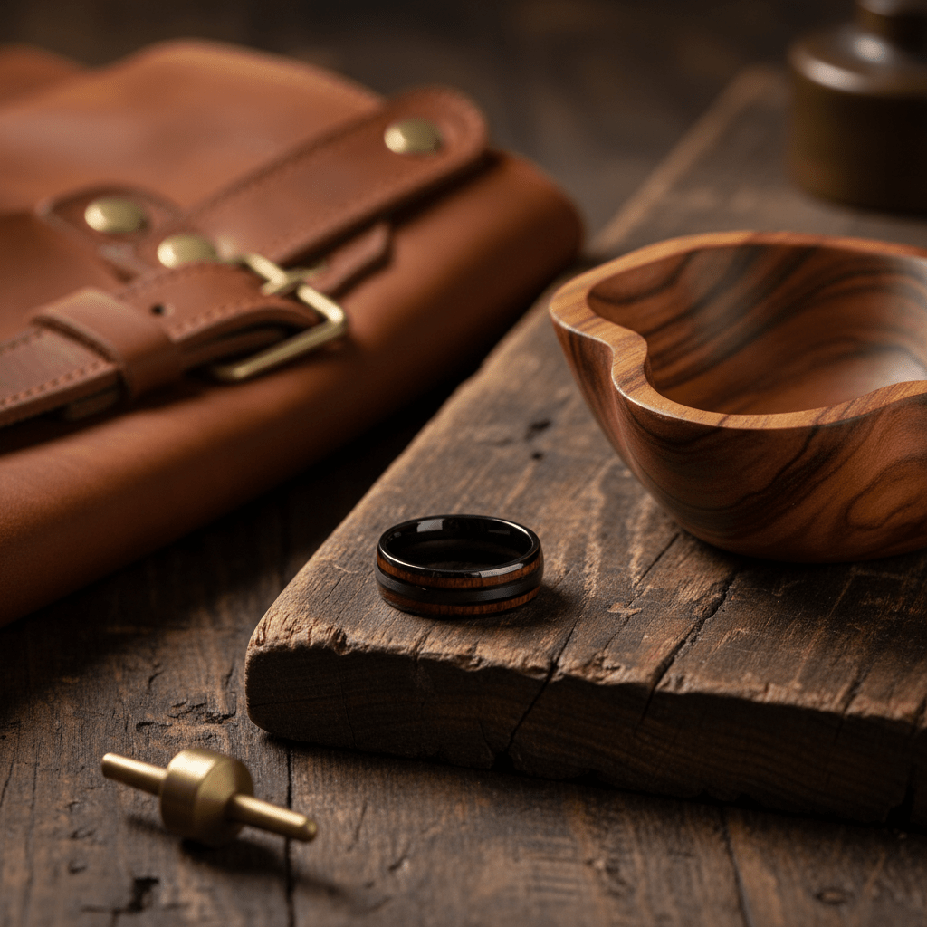 DAPPER — Editorial masculine still life — men's tungsten wedding ring.