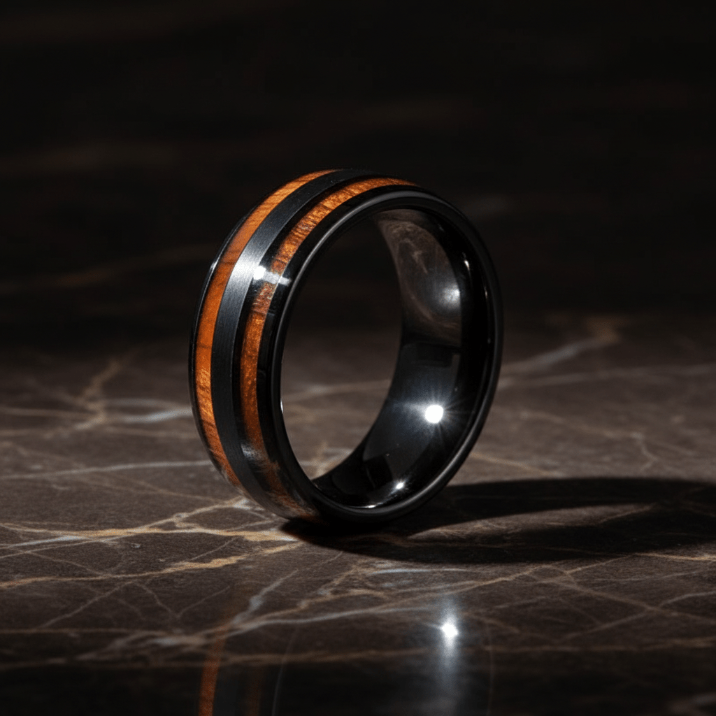 DAPPER — Luxury 3/4 angle on dark marble — men's tungsten wedding ring.