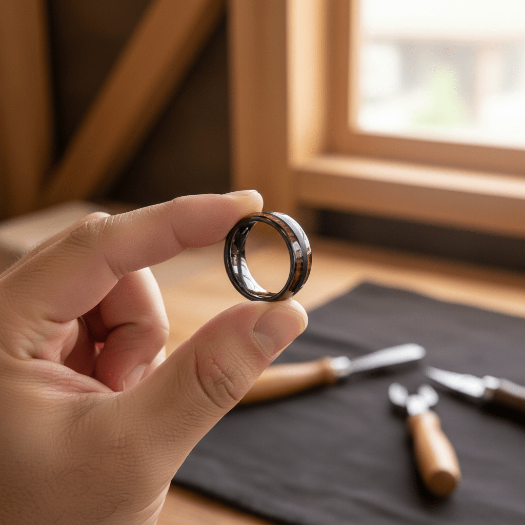DAPPER — Held between fingers close-up — men's tungsten wedding ring.