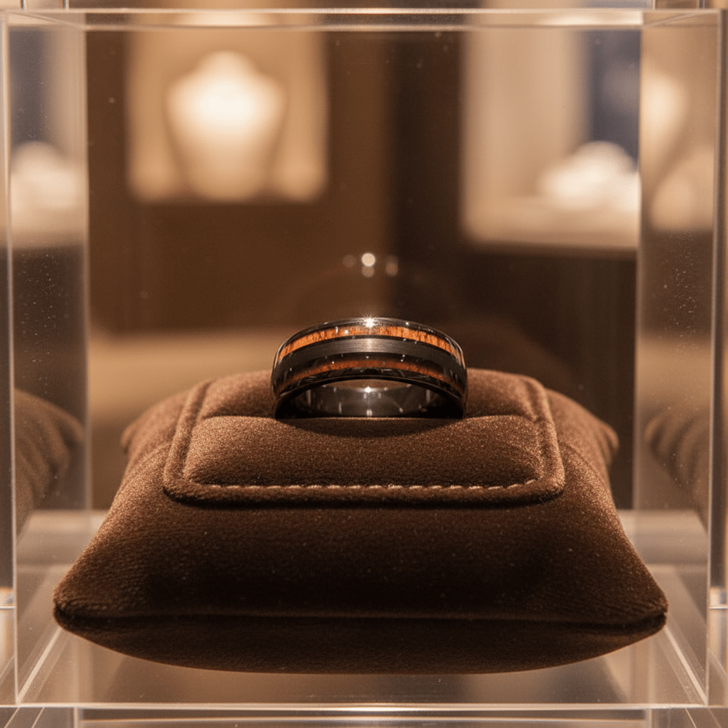 DAPPER — Premium boutique display on velvet — men's tungsten wedding ring.
