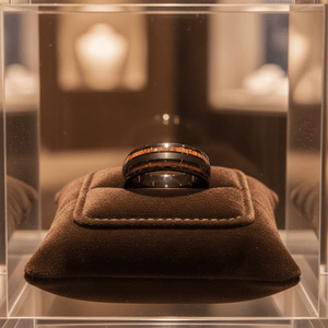 DAPPER — Premium boutique display on velvet — men's tungsten wedding ring.