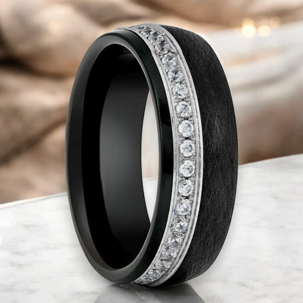 DAZZEL Black Tungsten Ring with White Diamond CZ Eternity - Aydins Jewelry.