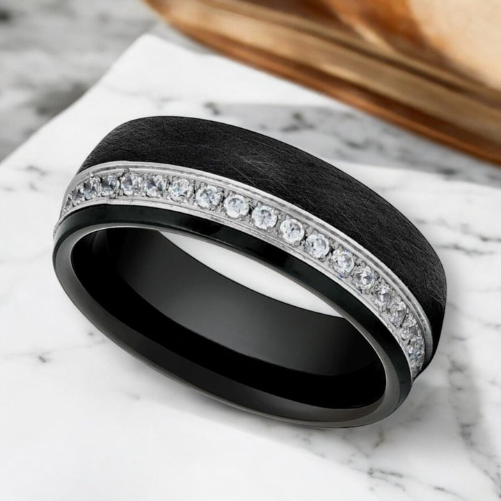 DAZZEL Black Tungsten and White CZ Eternity Band - a bold design by Aydins Jewelry.