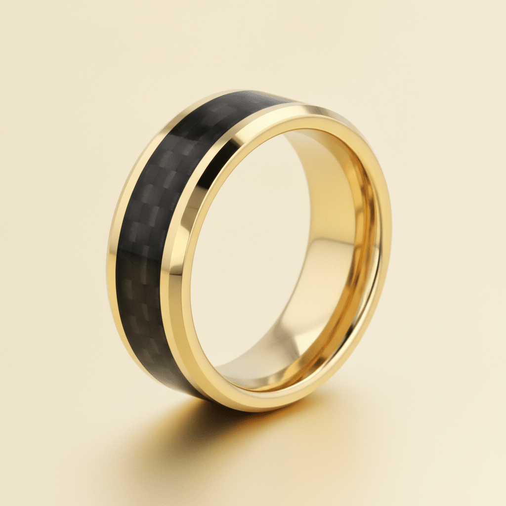 DECIMUS gold-plated tungsten carbide wedding band with black carbon fiber inlay, studio hero shot