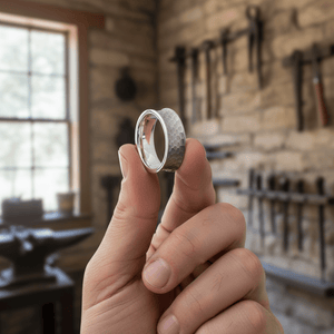 DECIUS — Held between fingers close-up — men's tungsten wedding ring.