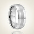DEFIANCE silver tungsten domed wedding band with a single brushed vertical stripe running around the center and polished sides, studio hero shot