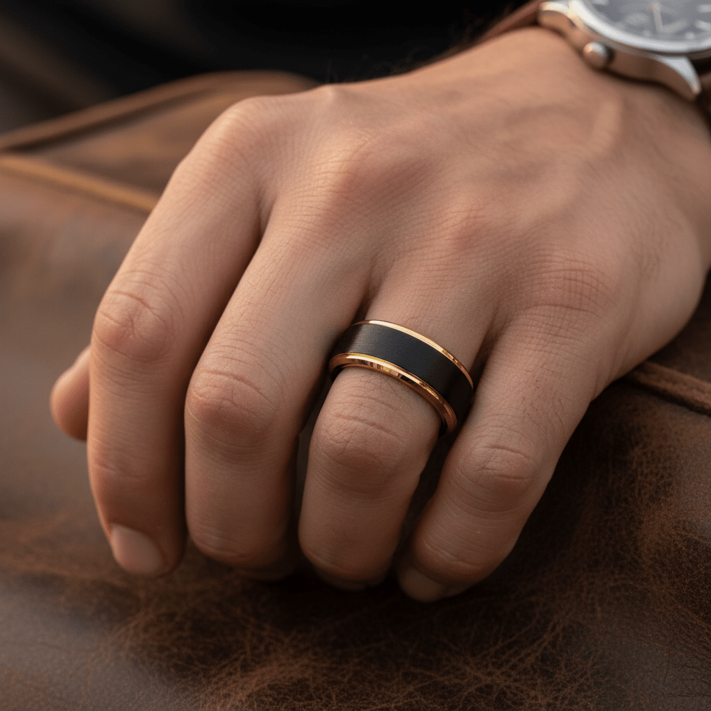DEIMOS — Lifestyle photo on hand — men's tungsten wedding ring.