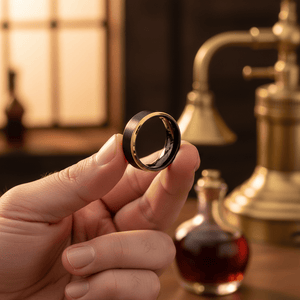 DEIMOS — Held between fingers close-up — men's tungsten wedding ring.