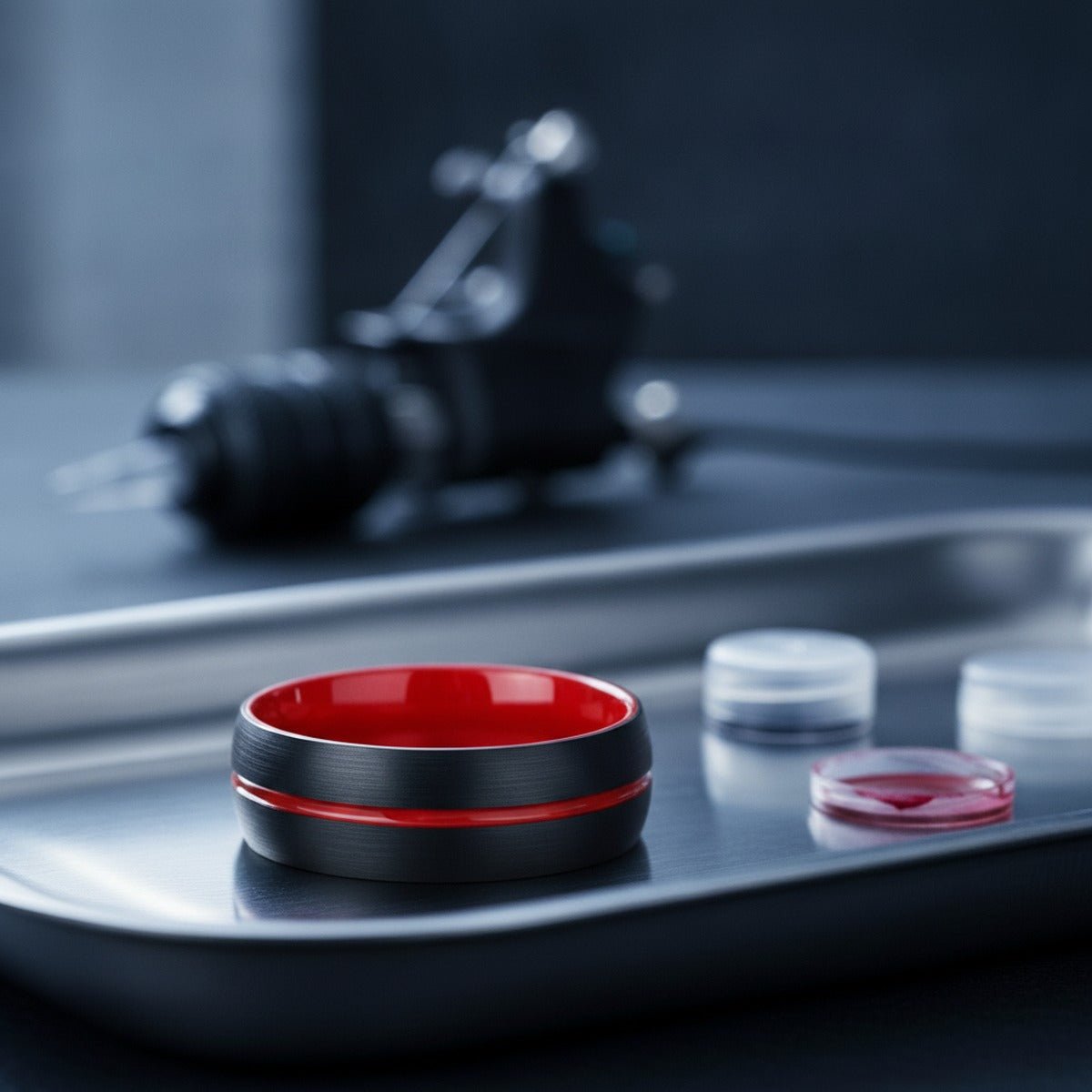 Aydins DEMON | Red Ring, Black Tungsten Ring, Red Groove, Domed lifestyle scene, tattoo studio