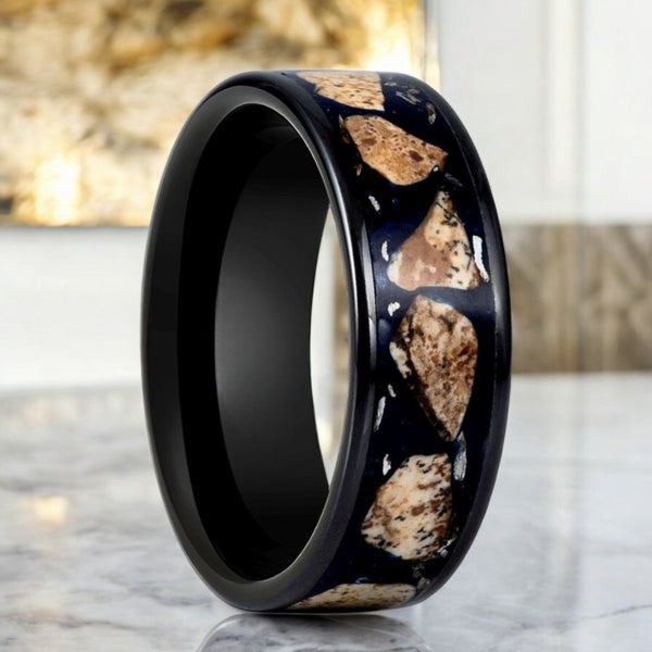 DESERTSTONE Black Tungsten Ring with Rhodochrosite Inlay and Beveled Design - Aydins Jewelry.