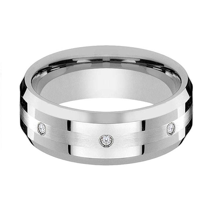 DEVONSHIRE | Silver Tungsten Ring Palladium Inlay & Diamonds, Beveled - Rings - Aydins Jewelry - 3