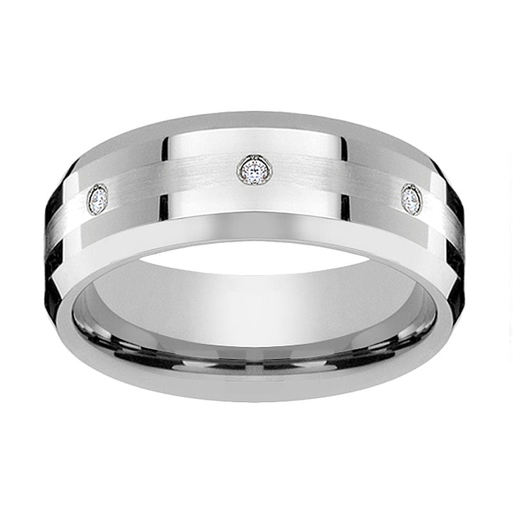 DEVONSHIRE | Silver Tungsten Ring Palladium Inlay & Diamonds, Beveled - Rings - Aydins Jewelry - 2