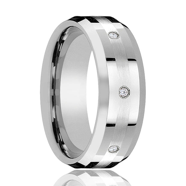 DEVONSHIRE | Silver Tungsten Ring Palladium Inlay & Diamonds, Beveled - Rings - Aydins Jewelry - 1