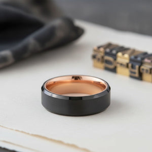 Aydins DIABLO | Rose Gold Ring, Black Tungsten Ring, Brushed, Beveled lifestyle scene, letterpress print